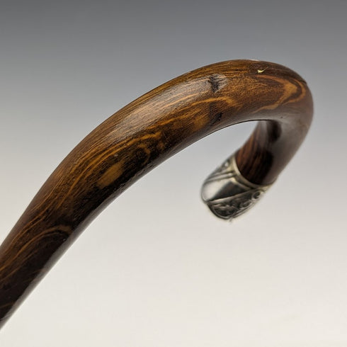 1922 British antique gentleman's walking stick brown stem sterling silver embossed decoration curved handle 90cm